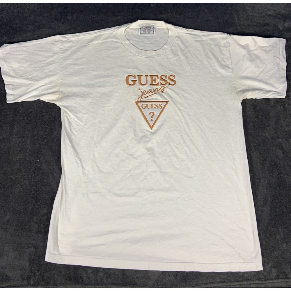 Vintage Guess 90s White Tee Shirt Embroidered Logo Single Stitch Size XL
